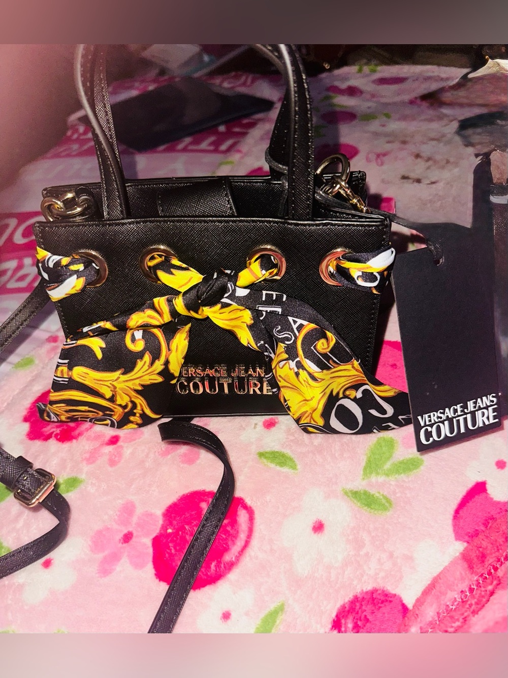 Versace Black Crossbody Bag with Yellow Baroque Scarf Detail